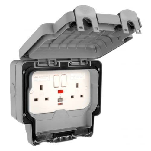 MK K56231GRY 2 Gang 13 Amp 30mA trip IP66 Active RCD Outdoor Socket