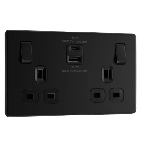 BG FFB22UAC45B-01 2 Gang 13A USB Switch Socket Matt Black