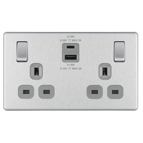 BG FBS22UAC22G 2 Gang 13a USB A+C Switched Socket Brushed Steel