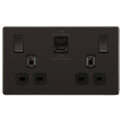 BG FBN22UAC22B 2 Gang 13a USB A+C Switched Socket Black NIckel