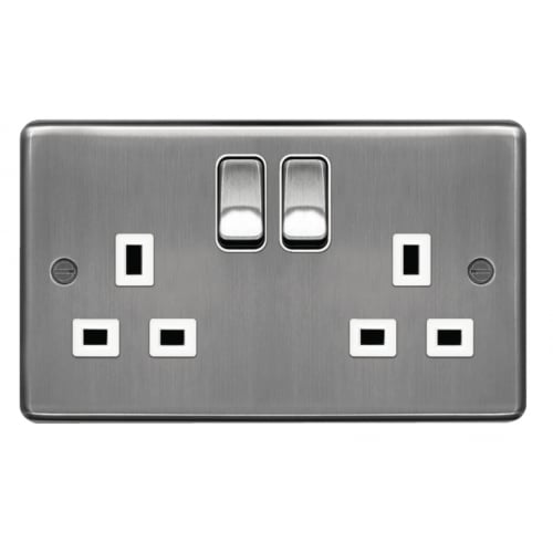 Hager WRSS82BSW 2 Gang 13a Switch Socket Brushed Steel/White Insert